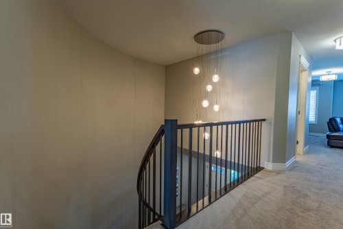 Curved staircase with black metal balusters, contemporary pendant light fixture, and carpeted hallway - 233 Hawks Ridge Boulevard Nw, Edmonton, AB 