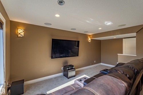 Recessed ceiling lighting, integrated ceiling speakers, wall-mounted television, and a built-in half-wall with a paneled door - 233 Hawks Ridge Boulevard Nw, Edmonton, AB 