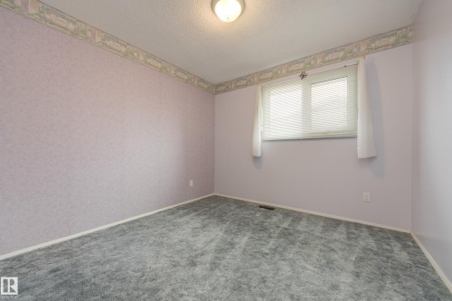 Textured walls with decorative border, window with blinds and sheer curtains, overhead lighting, and carpeted flooring - 3421 135A Avenue Nw, Edmonton, AB 