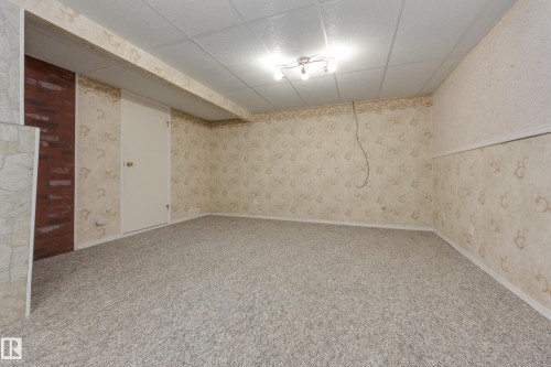 Carpeted flooring, drop ceiling, track lighting, and a paneled wall with brick-finish accents - 3421 135A Avenue Nw, Edmonton, AB 