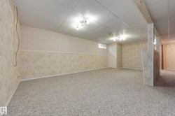 Spacious interior with neutral carpet flooring and patterned wallpaper - 