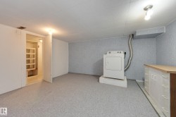 Washer and dryer appliances, light-toned carpeting, wood-finish countertop, and built-in white cabinetry - 
