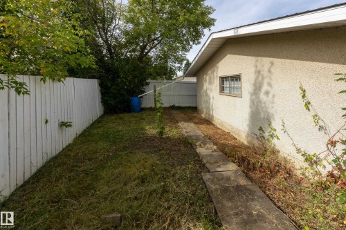 White privacy fencing, stucco exterior, side yard with green space, paved walkway, and a small window - 3421 135A Avenue Nw, Edmonton, AB 