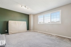 Spacious room featuring light gray carpeting, a multi-pane window, and track lighting - 