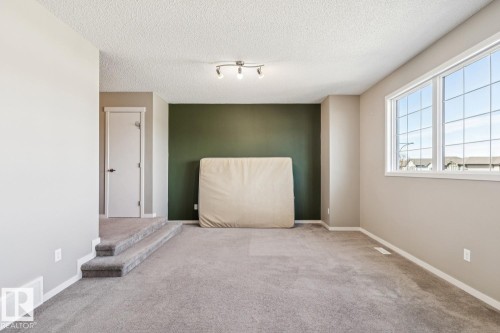 Carpeted flooring, white trim, track lighting fixture, white interior door, and a large multi-pane window - 12007 173 Avenue Nw, Edmonton, AB 