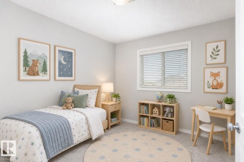 Window with blinds, wall-to-wall carpeting, and a built-in light fixture - 441 Songhurst Place, Leduc, AB 