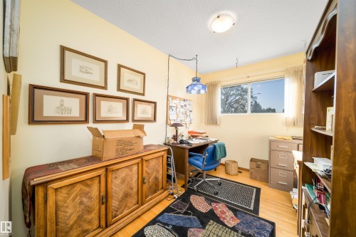 Hardwood flooring with a natural finish, ceiling-mounted light fixture, and a large window with sheer curtains - 4808 106 Avenue Nw, Edmonton, AB 