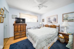 Wood-finish flooring with a ceiling fan overhead - 