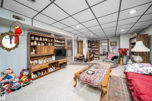 Recessed lighting, wood-finish built-in shelving, suspended ceiling system, and light-toned carpeting - 4808 106 Avenue Nw, Edmonton, AB 