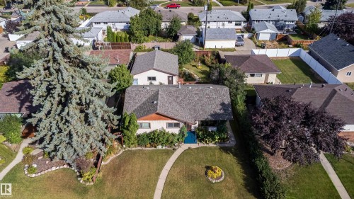 Manicured front lawn with mature trees, established landscaping, and paved walkways - 4808 106 Avenue Nw, Edmonton, AB 