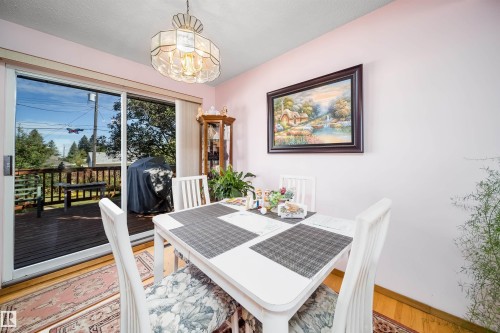Sliding glass door, wood-finish flooring, overhead light fixture, built-in display cabinet, and a private deck - 4808 106 Avenue Nw, Edmonton, AB 