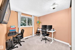 Window with natural light, textured ceiling, light-colored walls, ceiling-mounted light fixture, and carpeted flooring - 
