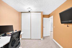 Recessed sliding panel closet doors, neutral carpet flooring, and a flush mount ceiling fixture - 
