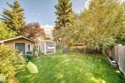 Expansive backyard featuring a lush lawn, mature trees, a detached shed, and a chicken coop - 
