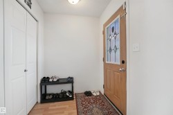 Wood-finish flooring, light wood entry door with decorative glass insert, and a flush-mount ceiling light fixture - 