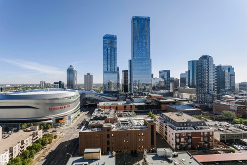 City skyline with a prominent arena and multiple high-rise structures - #1902 10388 105 St Nw, Edmonton, AB 