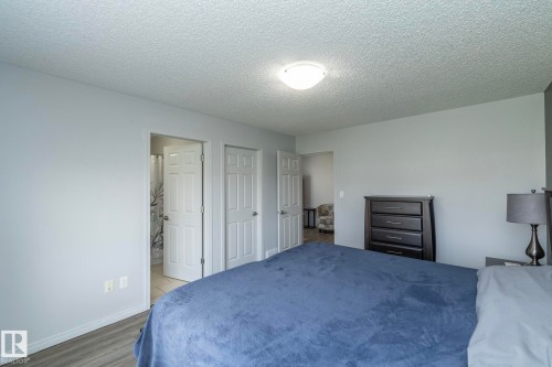Room featuring wood-finish flooring, light grey painted walls, and a white popcorn ceiling with a flush-mount light fixture - 1640 Chapman Way Sw, Edmonton, AB - Indoor Photo Showing Bedroom