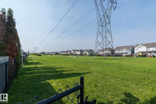 Expansive green space featuring a chain-link fence and mature evergreen trees bordering the property - 1640 Chapman Way Sw, Edmonton, AB - Outdoor