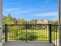 Balcony with a black metal railing and concrete flooring, overlooking a green space with mature trees - 