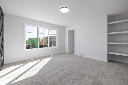 Carpeted flooring, white walls, built-in shelving, white trim, and a ceiling-mounted light fixture - 960 Elderberry Landing Nw, Edmonton, AB 