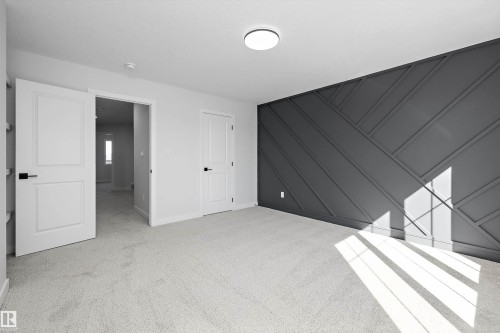 Accent wall with geometric paneling, light-toned carpeting, two panel interior doors, and a ceiling-mounted light fixture - 960 Elderberry Landing Nw, Edmonton, AB 