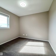 Carpeted flooring, neutral wall color, window with roller shade, and ceiling-mounted light fixture - 