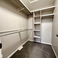 Built-in shelving, hanging rods, and dark carpeting - 
