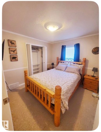 Carpeted flooring, window with drapes, built-in closet shelving, and a ceiling-mounted light fixture - 10649 125 Street Nw, Edmonton, AB 