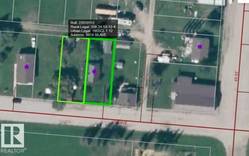 Property Information Overlay. Displaying roll number, rural and urban legal descriptions, and the property's address - 4910 50 Avenue, Spedden, AB 