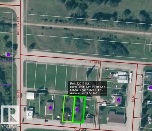 Property Parcel Map. Displaying the property's location, legal description, and roll number within a larger geographic area - 4910 50 Avenue, Spedden, AB 
