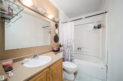Bathroom featuring a single vanity with wood-finish cabinetry, an oval sink, and a laminate countertop - 