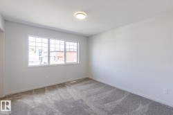Neutral wall paint, gray patterned carpet, ceiling-mounted light fixture, and a large multi-pane window - 