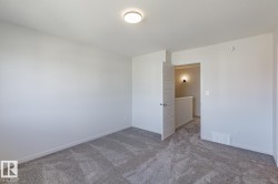 Neutral wall colors, textured carpet flooring, and a flush mount ceiling light - 