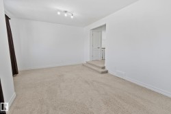 White walls and beige carpeting, with a track light fixture - 