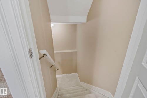 Carpeted staircase with wall-mounted handrail, neutral wall tones, and white trim - 1115 61 Street Sw, Edmonton, AB 