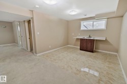 Recessed window, dual-basin stainless steel sink, wood-finish base cabinet, tile flooring, and carpeted area - 