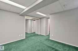 Wall-to-wall green carpeting with light gray walls, suspended ceiling panels, and built-in mirrored closet doors - 
