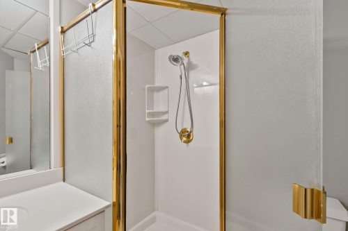 Shower enclosure with gold-finish framing and frosted glass panels - 14724 73 Street Nw, Edmonton, AB 