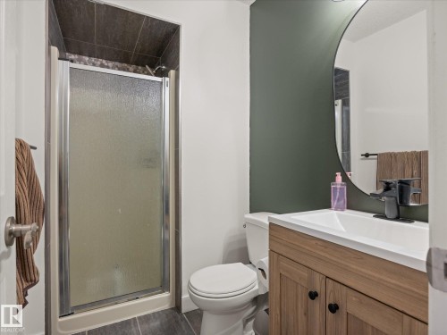 Bathroom featuring a walk-in shower with a frosted glass enclosure and dark tile surround - 4 Lovatt Place, St. Albert, AB - Indoor Photo Showing Bathroom
