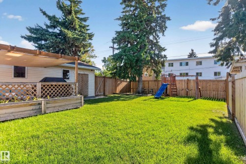Expansive grassy yard with wood fencing, mature trees, and a detached structure with an attached pergola - 14611 109 Avenue Nw, Edmonton, AB 