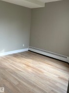 Wood-finish flooring with a neutral wall palette and baseboard heating - 