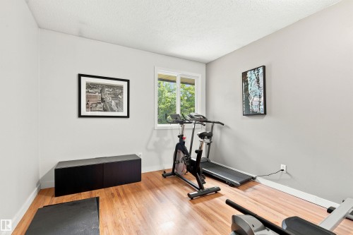 Room featuring light gray walls, wood-finish flooring, and a white trim package - 141 Hearthstone Nw, Edmonton, AB - Indoor Photo Showing Gym Room