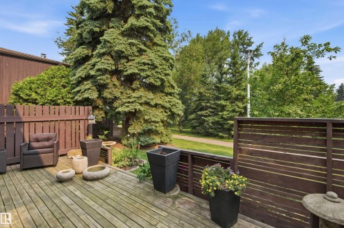 Wood-finish deck with privacy fencing and mature evergreen trees - 141 Hearthstone Nw, Edmonton, AB - Outdoor With Deck Patio Veranda