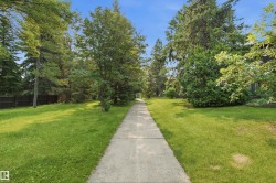 Concrete pathway bordered by expansive lawns and mature trees - 