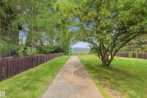 Expansive green space featuring a concrete pathway framed by mature trees - 141 Hearthstone Nw, Edmonton, AB - Outdoor