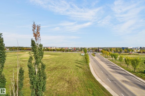 Expansive green space featuring a paved road and mature trees - #411 304 Ambleside Link Li Sw, Edmonton, AB 