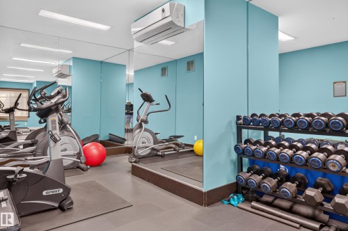 Dedicated fitness area featuring exercise equipment, full-height wall mirrors, overhead lighting, and built-in climate control - #411 304 Ambleside Link Li Sw, Edmonton, AB 