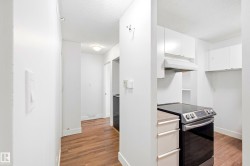Wood-finish flooring throughout, bright white walls, contemporary white cabinetry, stainless steel range with overhead hood fan, and integrated shelving - 
