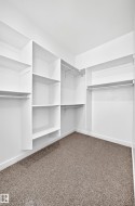 Built-in shelving, multiple hanging rods, and neutral-toned carpet flooring - 