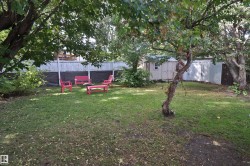 Expansive green lawn with mature trees, fenced perimeter, and a detached storage shed - 